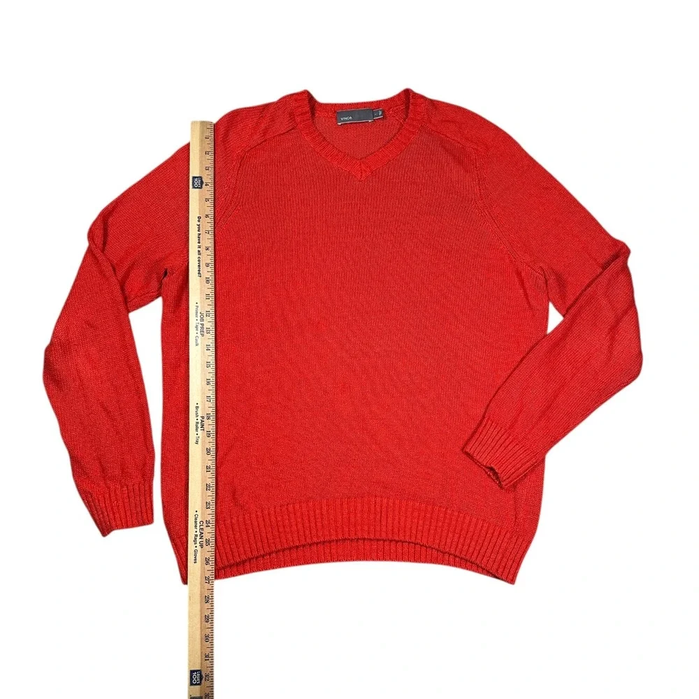 Vince 100% Linen V-Neck Sweater Mens L Red Orange Quiet Luxury Summer Knit